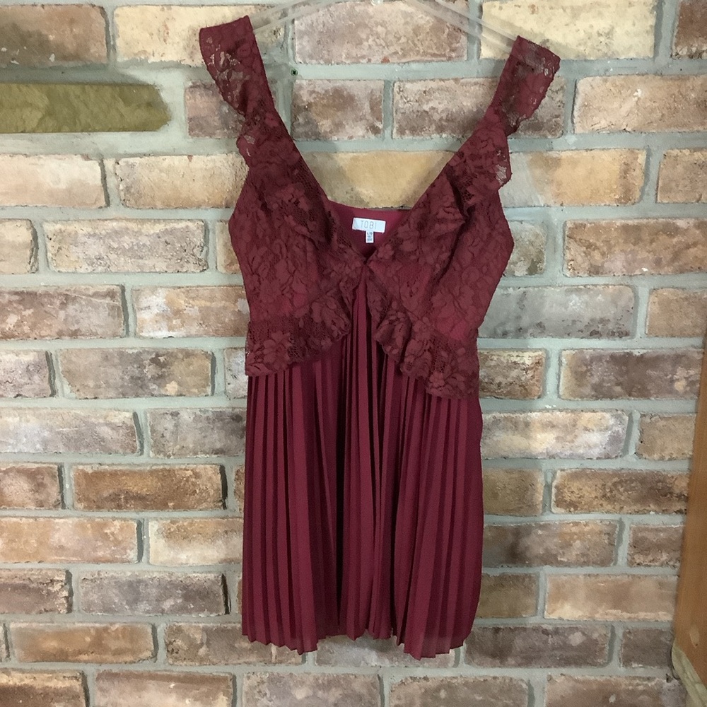 TOBI “Just Us Two” Pleated Lace Wine Skater Dress - Picture 11 of 12